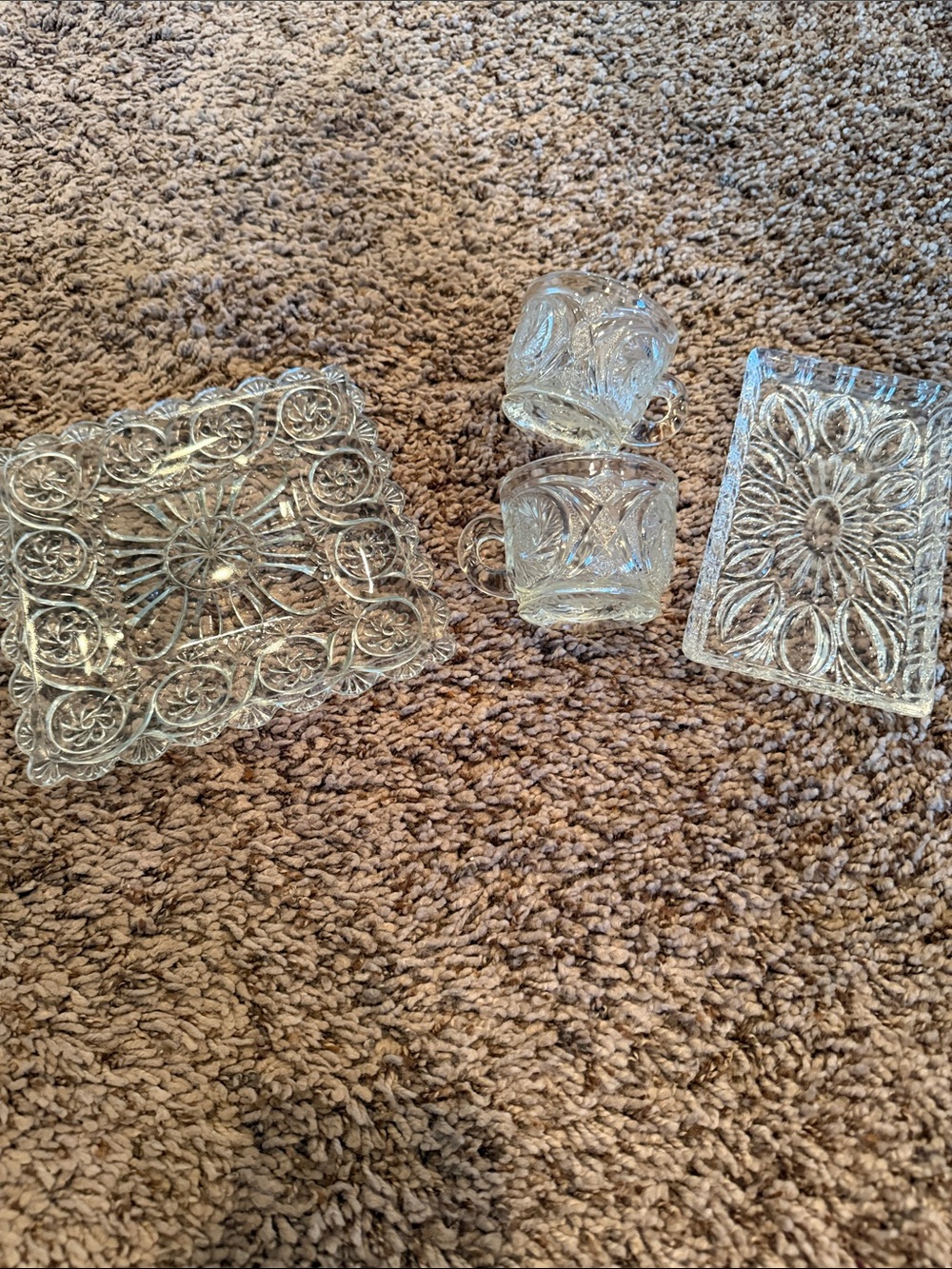 Clear Pressed Glass pieces. 2 cups, 2 trays